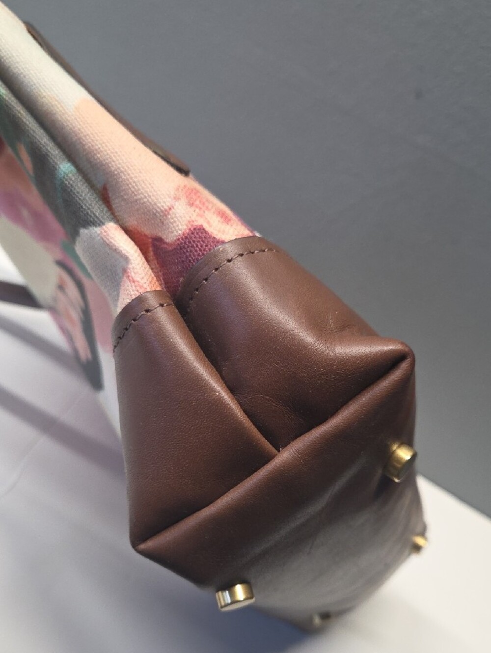 R. Riveter Floral Canvas Tote in Pink and Cream with Brown Trim - Picture 5 of 10